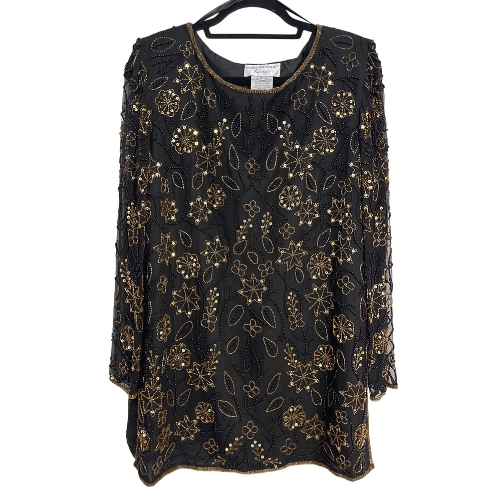VTG Papell Boutique Evening Beaded Sequin Silk Party Cocktail Top Tunic  Holiday